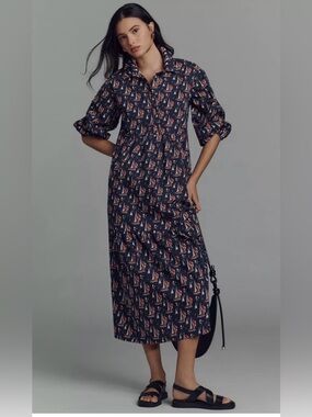 Anthropologie Maeve Bettina tiered shirt dress sailboats size L